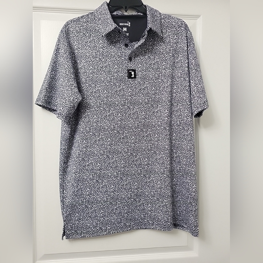 NWT Bogey Bros Shirt Mens Medium Black White Hidden Words Golf Polo Athletic Fit